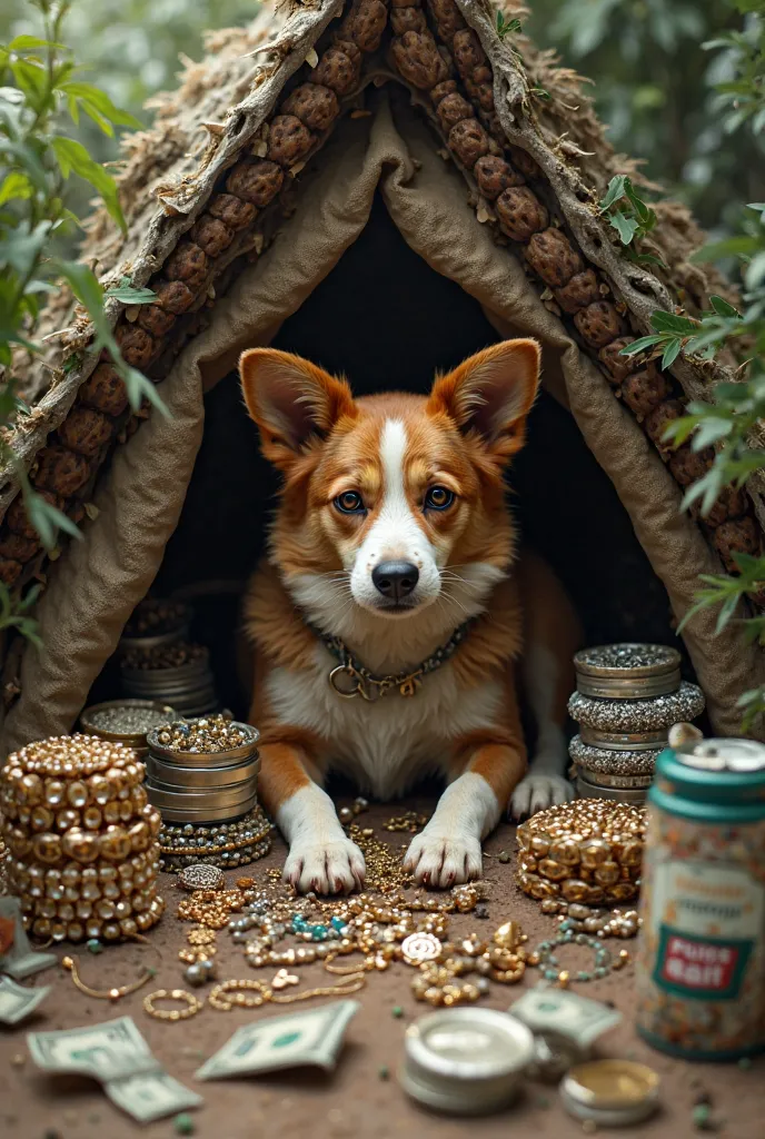 Then police found dog's hut with full of cat food, jewellery and the dog is counting money