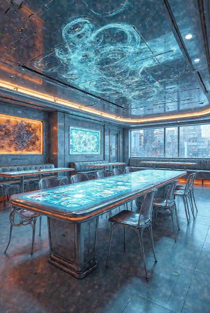 Create a futuristic high-tech restaurant interior with a sleek, modern design and no people present. The space should feature clean lines, metallic surfaces, and illuminated accents. Tables should be equipped with interactive holographic menus and smart or...