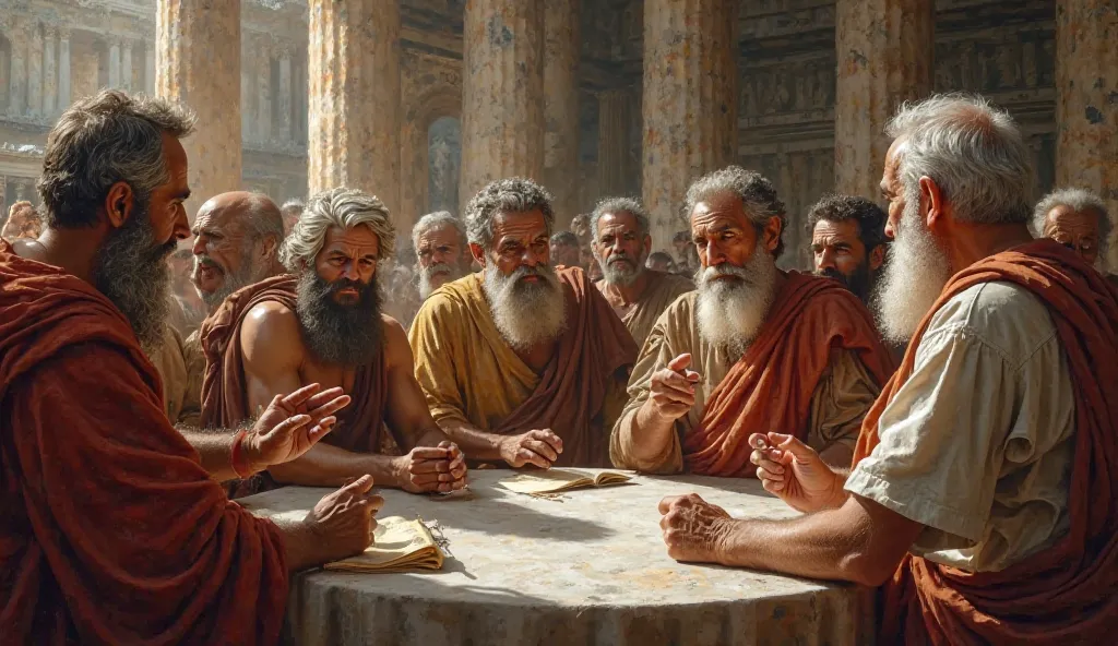 "A group of Athenian philosophers discussing the impact of Thermopylae on Greece’s survival and democracy’s future."