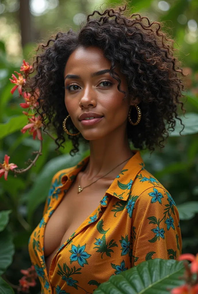 A Brazilian woman in a lush tropical garden,  wearing an open shirt with floral print, with a close up capturing the harmonious beauty between her breasts and natural flowers, showing her natural charm and outgoing personality.