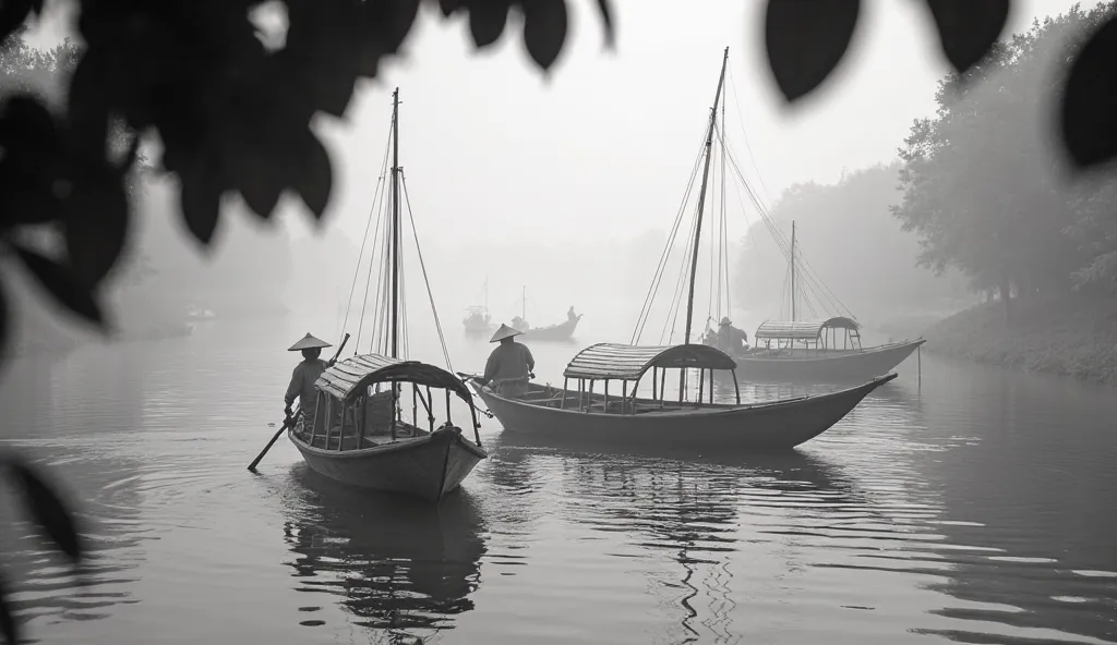 A black and white atmospheric scene of a misty river with traditional wooden fishing boats floating on calm waters. Each boat has a fisherman wearing a straw hat, actively engaged in his work. The boats have curved bamboo shelters and tall sails with intri...