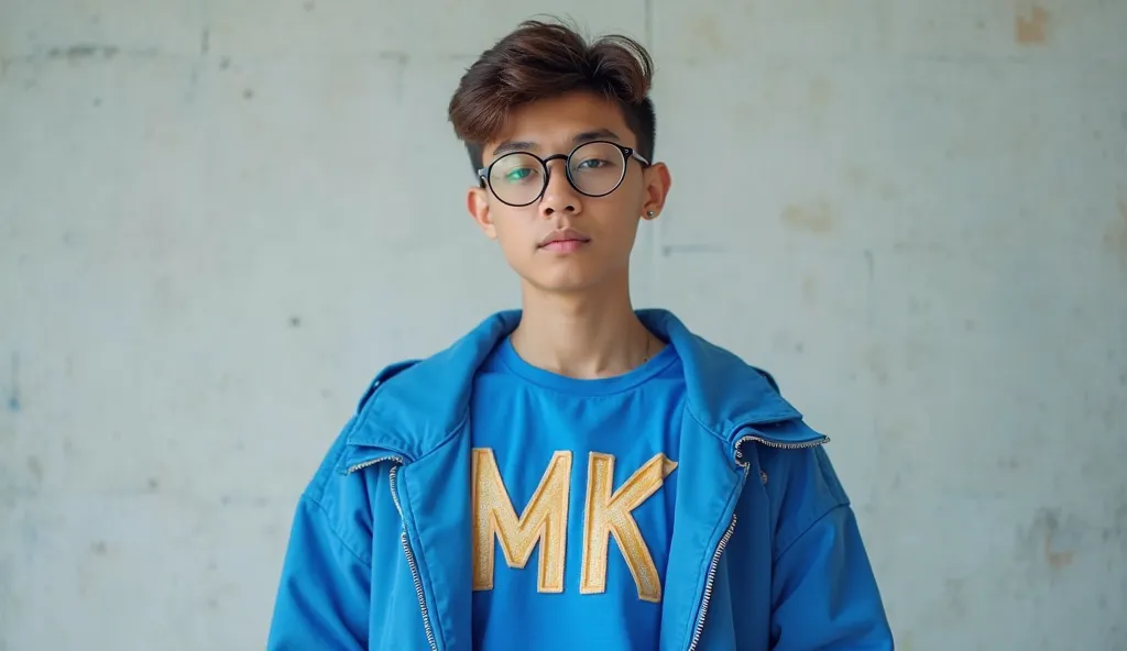 A 16 boy wear a circle shape glasses and he wear a blu shirt and blue jacket written on his shirt MK with stylish Font 