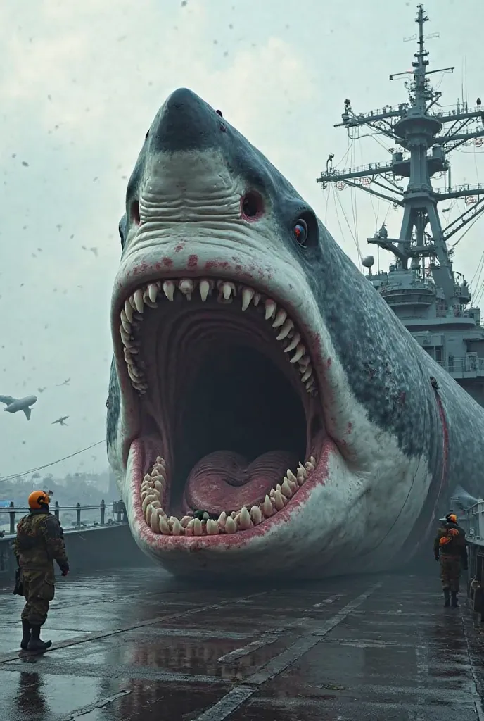 CREATE A GIANT MAGALODON CAPTURED ON AN AMERICAN NAVAL SHIP