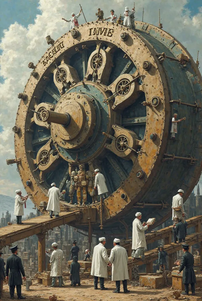 "A giant machine labeled 'Teachers Bakery,' with tiny figures dressed in white doctor-like lab coats working around it. Some tiny figures are in the center, tightening screws, while others are on top, turning wheels. A conveyor belt runs beside the machine...