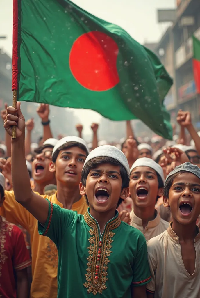 A group of Bangladeshi boys, wearing Punjabi clothes and white caps, are holding Bangladeshi flags and chanting slogans.