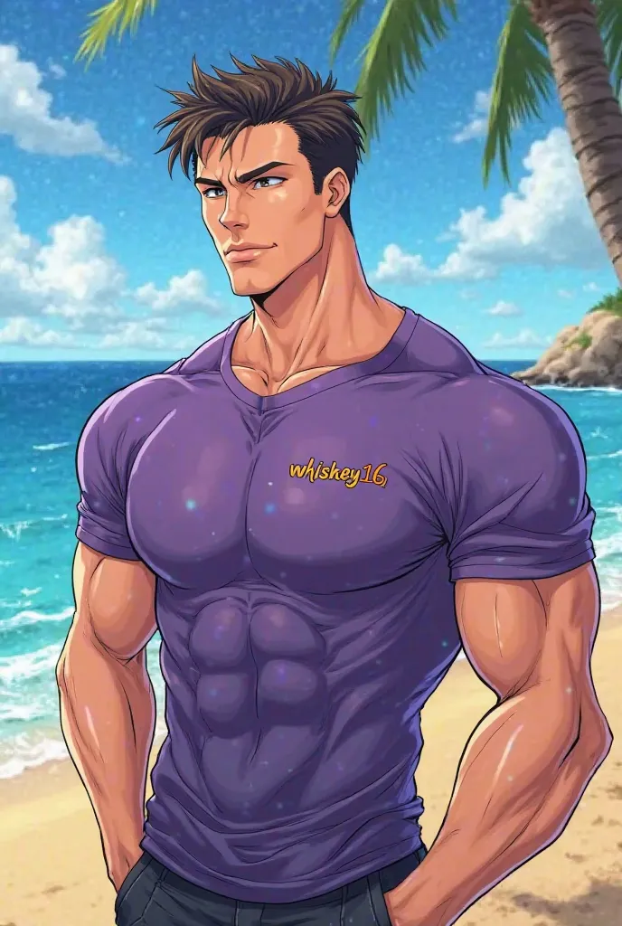 male hunk anime wearing violet shirt on the beach with printed name Whiskey16