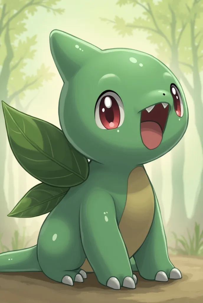 a close up of a pokemon pokemon character with a leaf on its back, digital art inspired by Pinchus Kremegne, reddit, hurufiyya, bulbasaur, style of cute pokemon, similar to pokemon, new pokemon, style of pokemon, illustration pokemon, earth type pokemon, f...