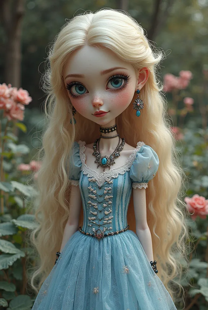 Une jeune femme en 3D détaillé et complexe, style Tim Burton Alice in Wonderland. Un corps mince. Une peau très blanche et un teint pâle. Elle a de grands yeux bleus très expressifs, des lèvres roses. De très longs cheveux blonds très bouclés. Elle porte u...