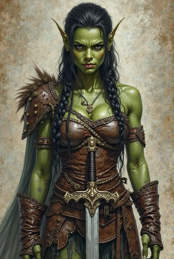 Traditional realistic illustration of an attractive orc woman,with green leather and with black hair styled with Viking braids. Dressed in armor and holding a sword