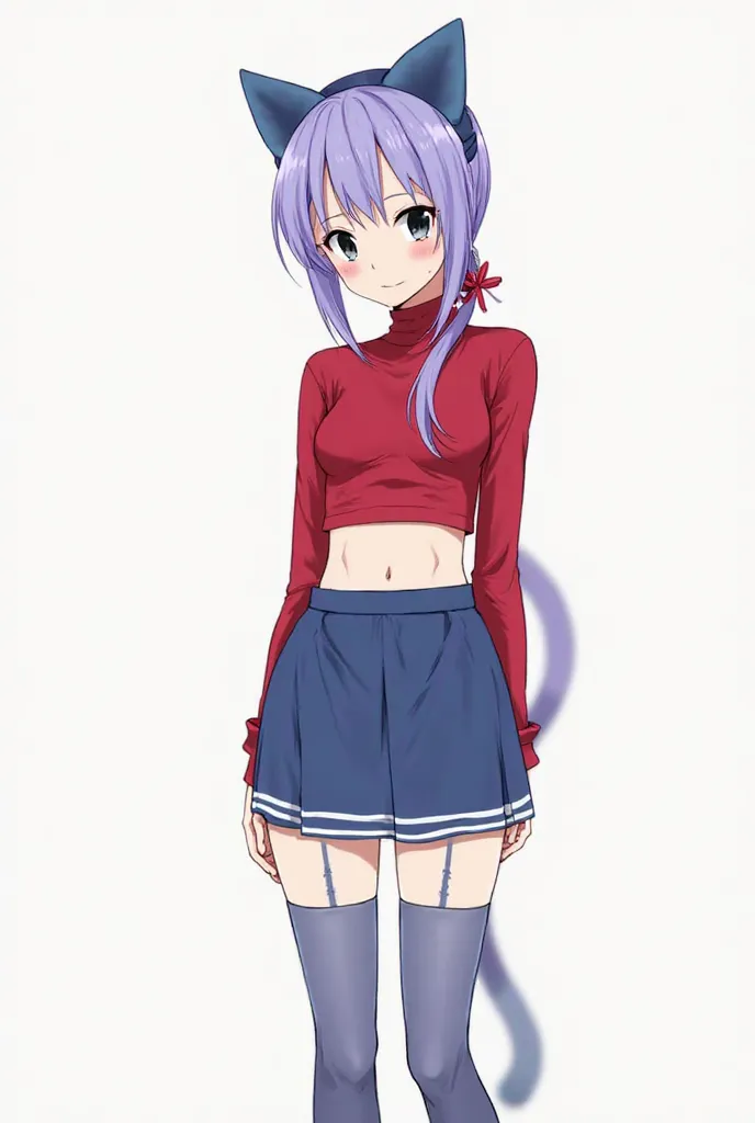 Appearance: an anime cat girl with Red crop top with long sleeves, blue skirt, thigh-high stockings, blue heels, red ribbon wrapped around her neck, blue cat-ear cap, purplish-blue hair in a ponytail, black eyes with a red teardrop beneath the left.

