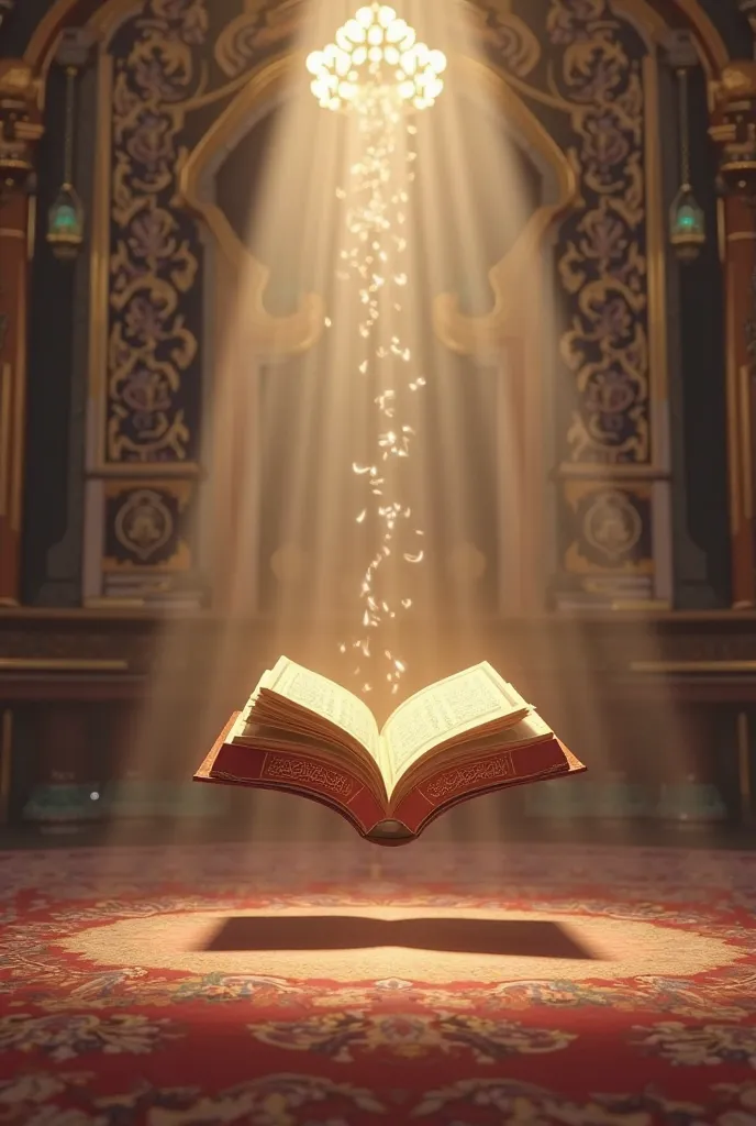 a quran floating with a mosque interior background, a ray of angelic light shining behind the quran