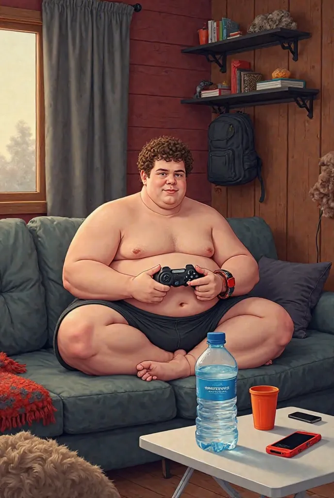 Subject & Pose:

The image features a young, overweight male with fair skin and short, curly brown hair sitting cross-legged on a large gray sectional couch. He is shirtless, revealing a round belly with noticeable rolls and soft contours. His posture is r...