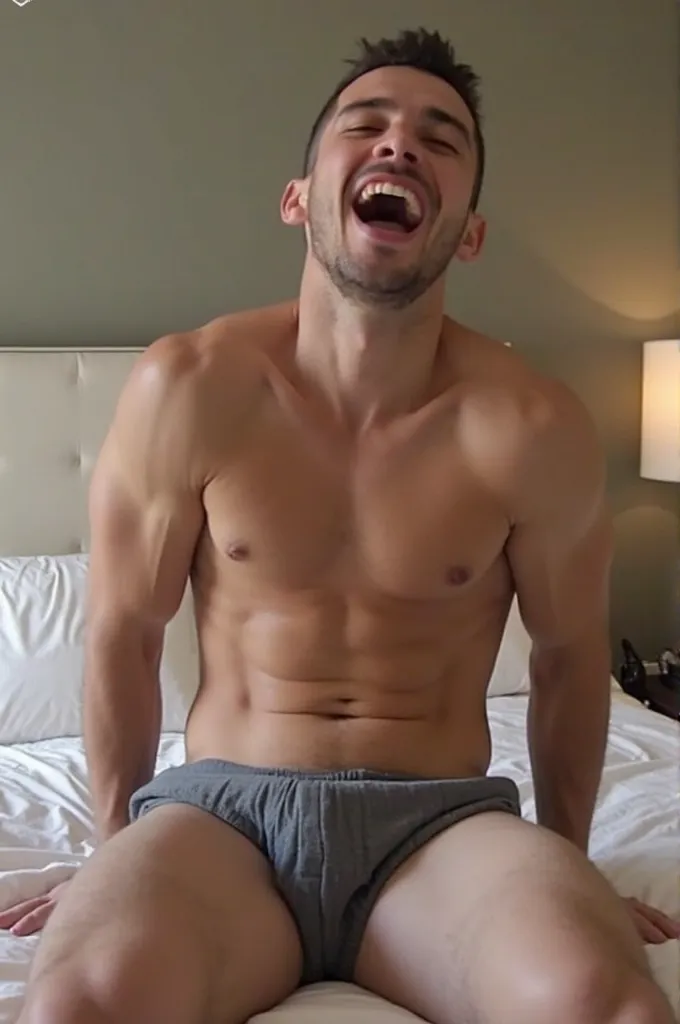 Generate an image of Squeezie the naked YouTuber masturbating on a bed 