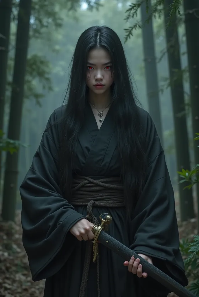 Dark long-haired female samurai,Deep red eyes,Holding a Japanese Samurai knife,Serious focused expression,standing in a mysterious mountain forest,Surrounded a towering bamboo forest,Serious focused expression under dark light,creates a mysterious eerie at...