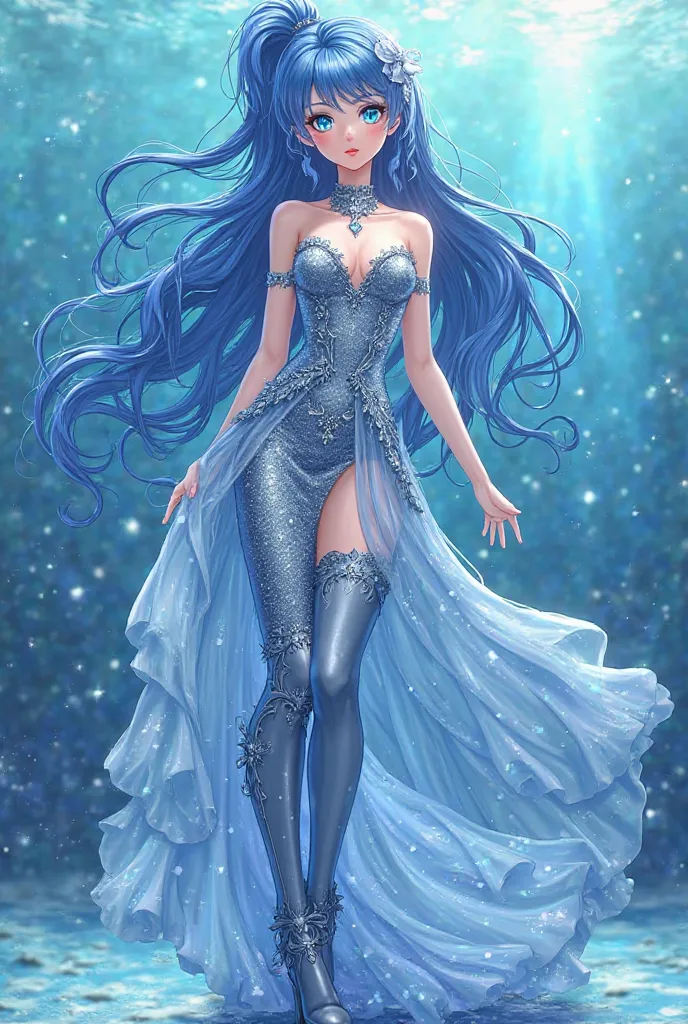 Outfit: Tight metallic dress (blue or silver) with a flowing chiffon tail, high heels or thigh-high boots, and celestial accessories.  
  - Hair: Long blue hair in glamorous waves or a high ponytail.  
  - Eyes: Intense blue eyes with shimmering silver or ...