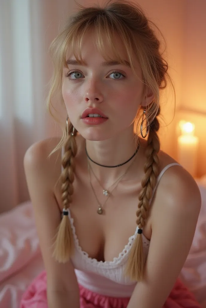 1 girl,  sexy 18 year old girl , pigtails, beautiful face, gorgeous, beautiful, beautiful, beautiful face, pale skin, parts, blonde hair, Blue eyes, full and shiny lips,  big lips,  thick lips,  half-open lips ,  light pink lip gloss , mask, skinny thighs,...