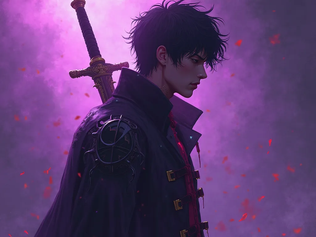 arafed image of a black hair man with a sword in a purple light, concept art by Yang J, Artstation contest winner, fantasy art, berserk art style, guts berserk, guts from berserk, berserk guts, berserk style, from berserk, portrait of guts from berserk, sh...