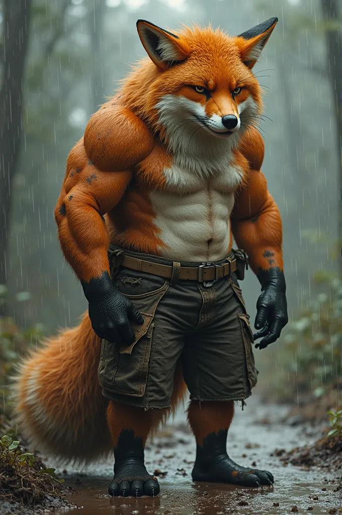 Anthropomorphic furry character of a male Brazilian fox. He's strong, tall and bulky. His fur is matted and in bad condition, there are signs of self harm. There's also profound sadness behind the eyes. There's rain and mud.