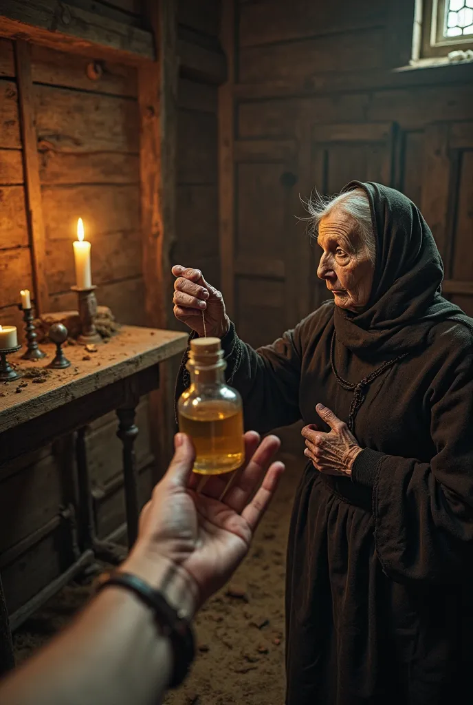 An ultra-realistic image in the point of view style (throw), capturing the first-person perspective of someone in front of an elderly woman, bed, in 1351 during the Black Death. The character sees own hands are dirty and trembling in front, while extending...