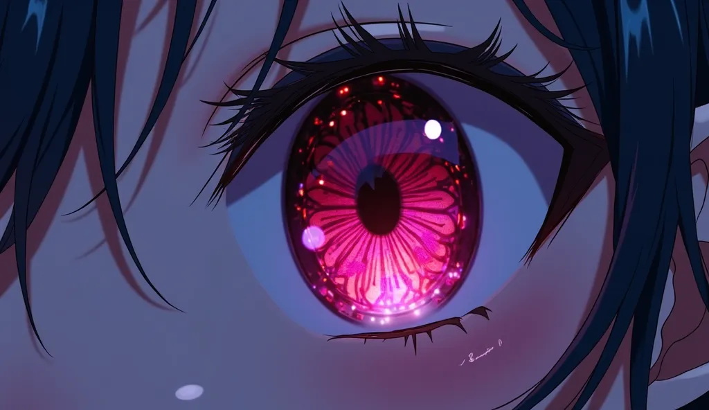 A highly detailed, close-up shot of an anime character's eye, with a deep, rich purple and blue color palette. The eyelashes are long, sharp, and well-defined, creating a striking contrast against the smooth skin. The eye reflects a mysterious, glowing red...