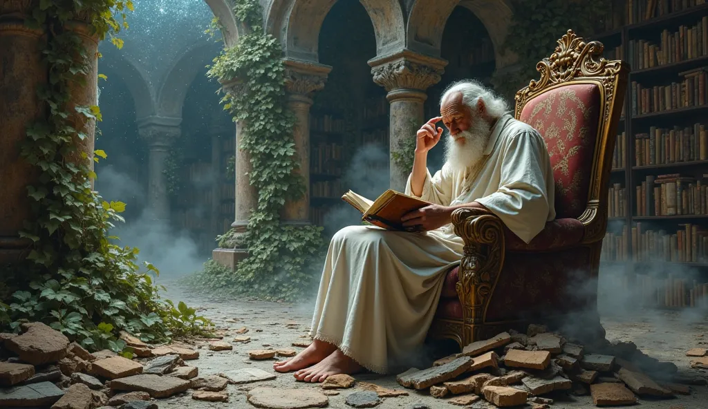 A contemplative sage, seated upon an ornate marble chair, his chin resting on his hand as he studies an ancient manuscript. His left foot is placed upon a pile of shattered tablets, remnants of lost knowledge. His surroundings are a crumbling library, its ...