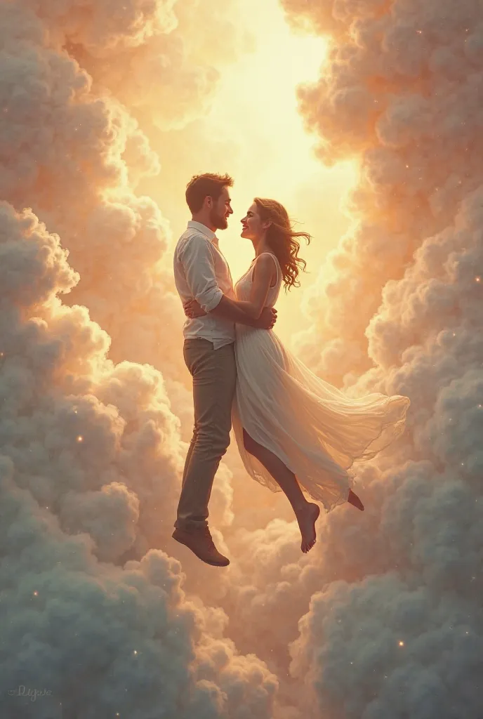 Couple in love floating in the clouds, dynamic