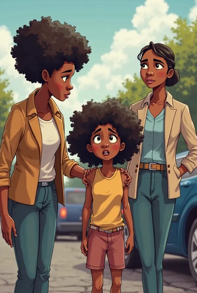 create an illustration of : This scene shows little afro girl Sa'Riahs mom getting out of her car and Sa'Riah holding onto her leg. Mom hand is place on Sa'Riahs back looking down at Sa'Riah with shock on her face asking Sa'Riah what is going on. All the e...