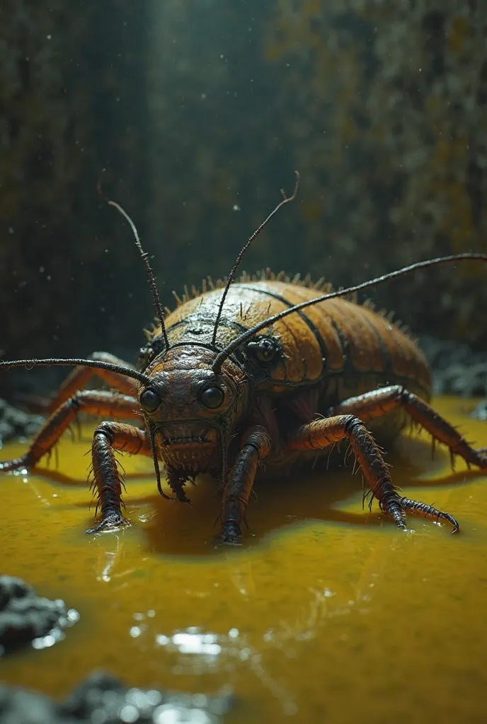 Hairy cockroach in a pool of urine