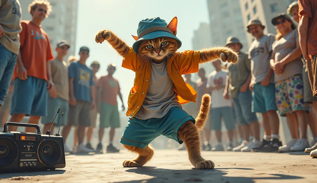 The cat wears gear and bucket hat from an unknown sports manufacturer、 breakdancing in front of the s forming a circle、 surreal pictures。There's a boom box in the corner 。