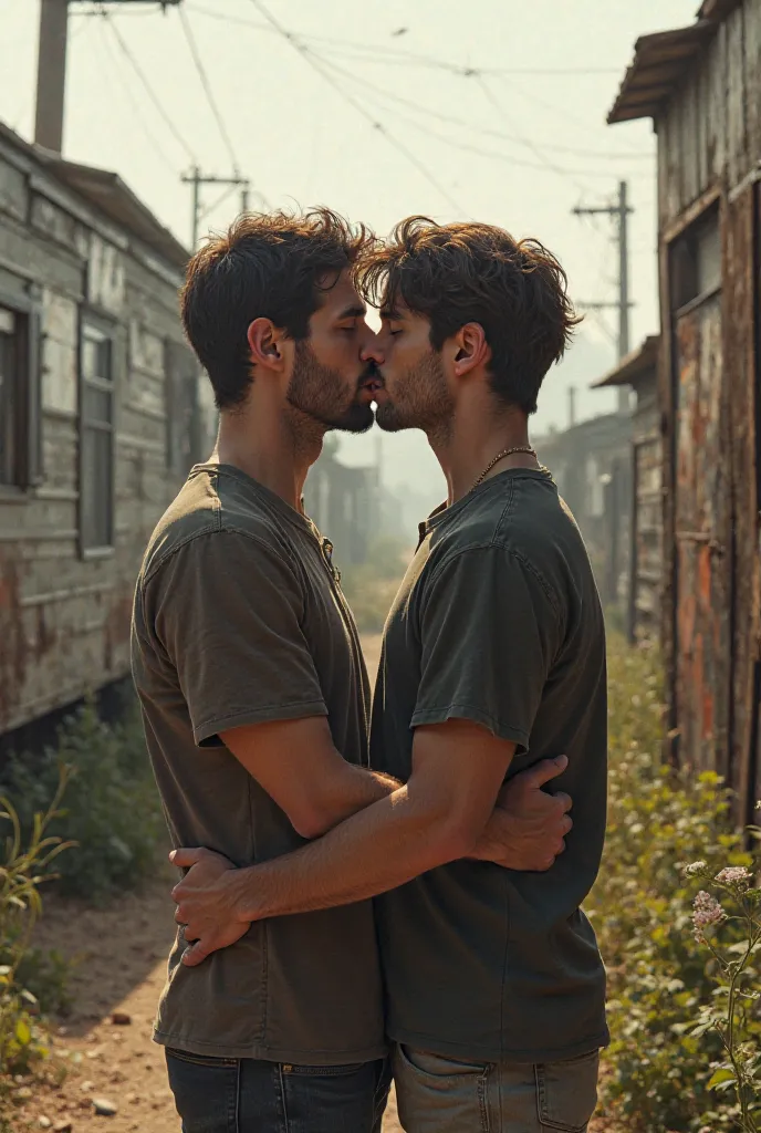 A clear picture of 2 male in their 20s  trailer park
 sitting down and kissing 