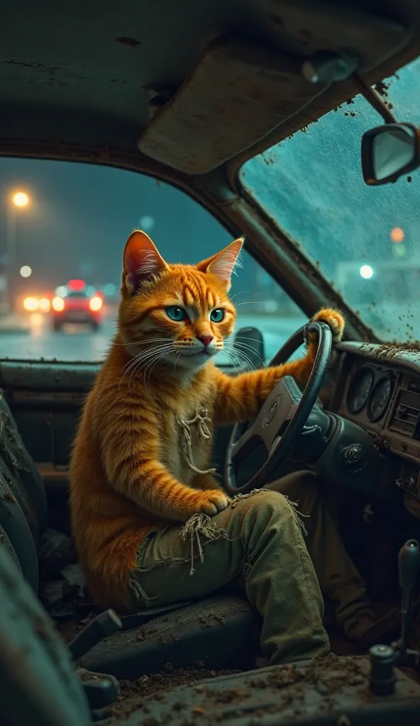 At nighttime in a dimly lit parking lot, a hardworking orange anthropomorphic cat with slightly messy fur sits inside his old, rusty, broken-down car, desperately trying to start the engine. He wears torn, worn-out clothes, reflecting his struggles. He tur...