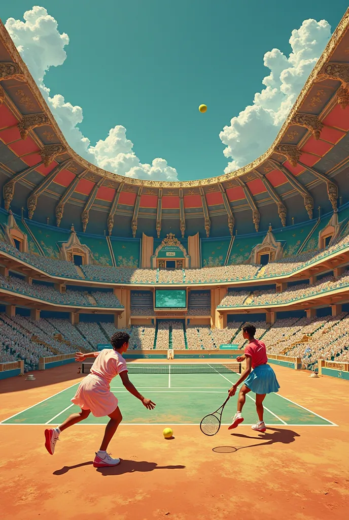 Tennis court with two Ayna Sabaleka styled players playing tennis Estadio Lotadoj