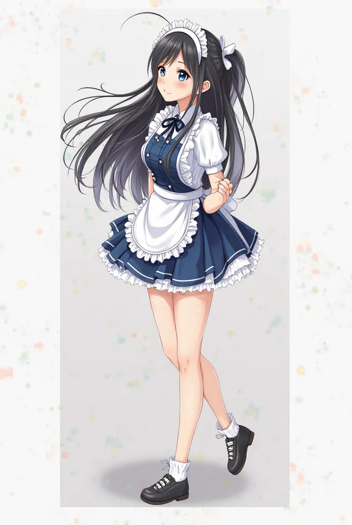 maid clothes, blushes,headband,girl,Japanese,3D rendering, 1人のgirl, long hair, smiles, blue eyes,  black hair, photoreal,gravure,realistic,see-through,full body,Stand on your knees and look upward,Line of sight,miniskirt,knee-high,live-action drawing