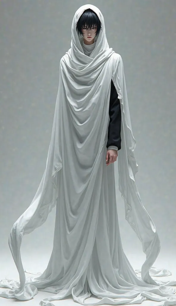 a Fullbody Picture of a sexy 10 Feet really fairly Tall handsome mature anime boy with dark black hair, black eyes,Closed mouth, serious, kuudere,  misaki mei man, delgado covered in large white satin cloth, Long Legs,with the satin cloth, mummified, the s...