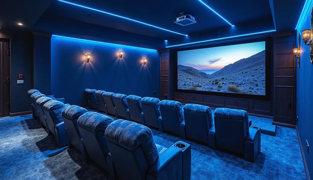 A high-end private home theatre with plush blue recliners, a massive projector screen, and a cutting-edge surround sound system. Customizable mood lighting enhances the cinematic experience, while a built-in snack bar provides ultimate comfort. The space i...