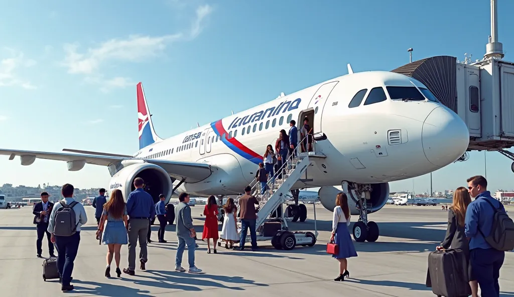 { "prompt": "A realistic depiction of passengers boarding a Línea Aéreas Nacionales (LANSA) aircraft. The scene takes place at an airport gate, where a group of passengers is lined up to board a LANSA plane. The aircraft is sleek, featuring the airline's s...