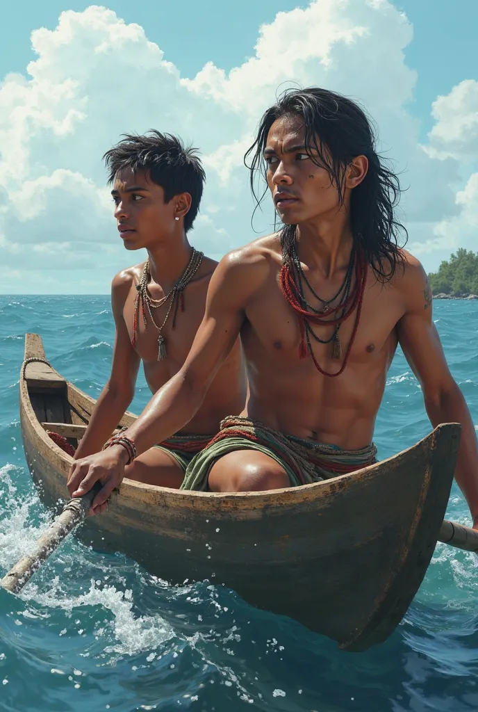 two black indigenous men aged 15 to 17 are in a canoe in the sea. Both men have a blue eye and a black eye..