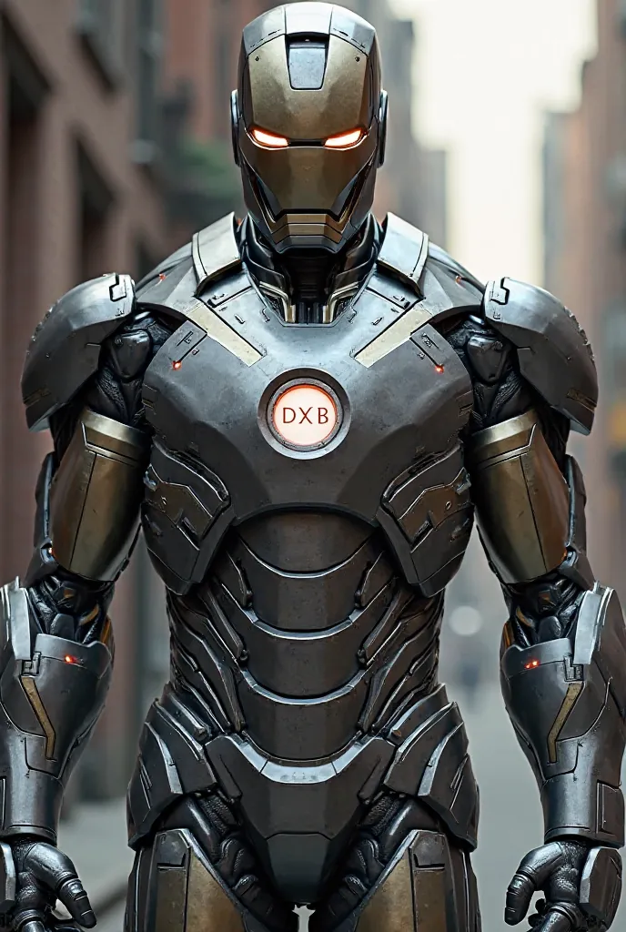 Create an iron man wearing his suit, but not his helmet and on his chest the letter DXB engraved on his chest