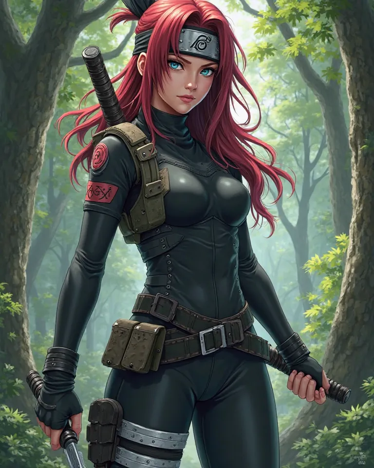 A red-haired woman with dark red hair, blue eyes, wearing a ninja outfit from Konoha, A konoha headband. anime style