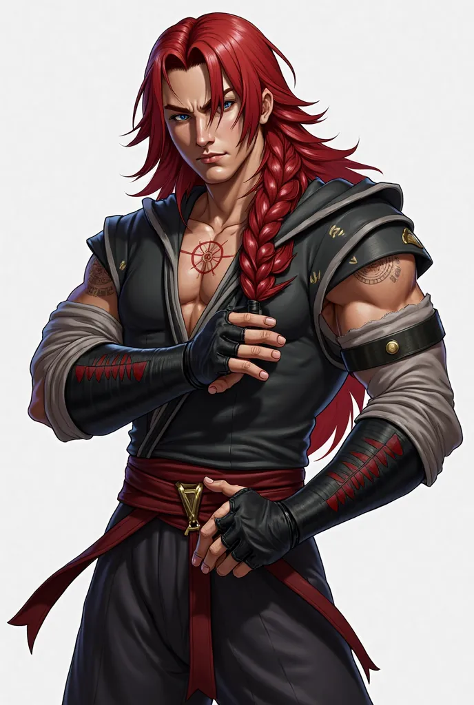 * Gender: male
 *  Body Type: Muscular
 *  Height: high
 * Hair: red, far away, with a thick braid that goes up to the waist, The tip of the black braid, fringe covering one of the eyes
 * eyes: big, expressive, blues, with small pupils 
 * face: Angular a...