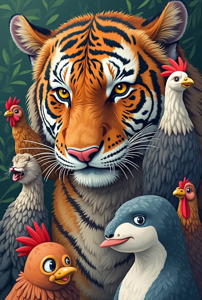 Poster for an audio that is a posctas of collective creation. The title must be in Spanish, It's called the crazy zoo podcast. She is a journalist who tries to interview the animals of a zoo that is very messy,  there is a cat , A crazy rooster ,  a hen, A...