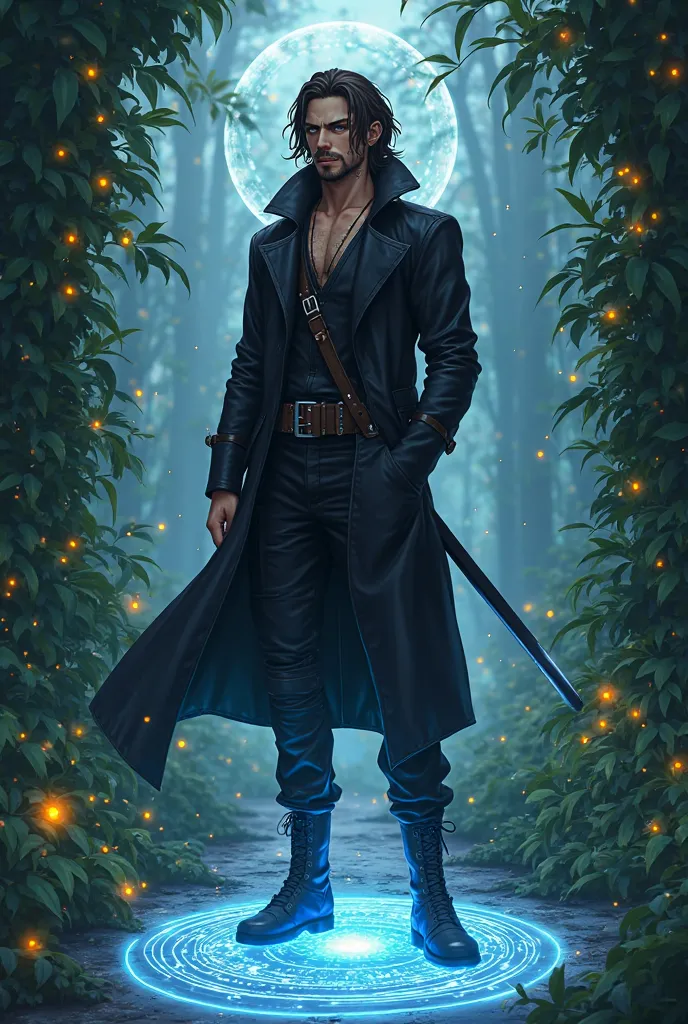 Anime character with Fullmetal Alchemist-style traits. Male character with dark brown hair, wavy and long at chest height. white-skinned, brown eyes, Long goatee , long black leather trench coat with open zipper, black cargo pants and black military boots ...