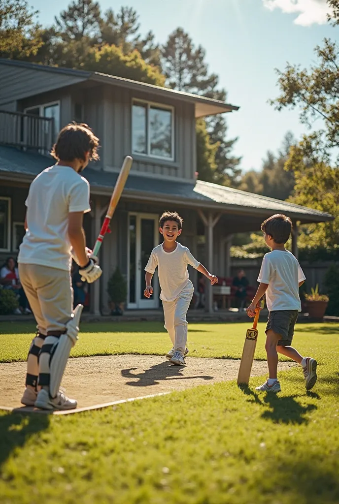 Three brothers playing cricket in their backyard during a sunny afternoon. The eldest (22-year-old) is batting, the middle (17-year-old) is bowling, and the youngest () is fielding with excitement. Their phupo watches from a chair, cheering for them, while...