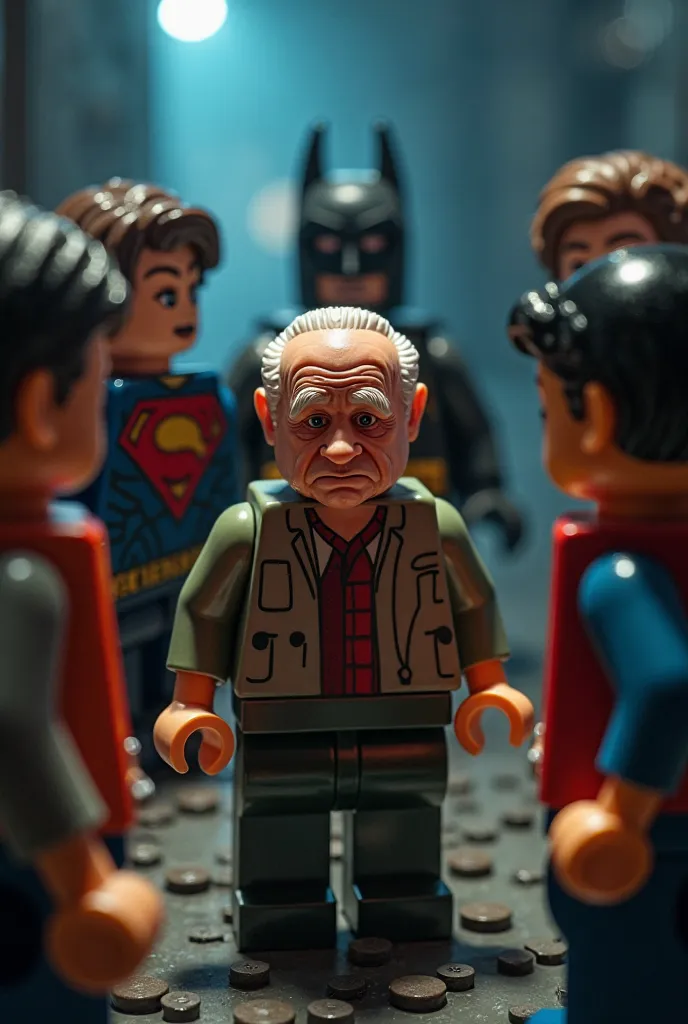 An elderly gentleman, looking downcast and embarrassed, talking to two young women and two young men.Superman e Batman em arte lego, noite