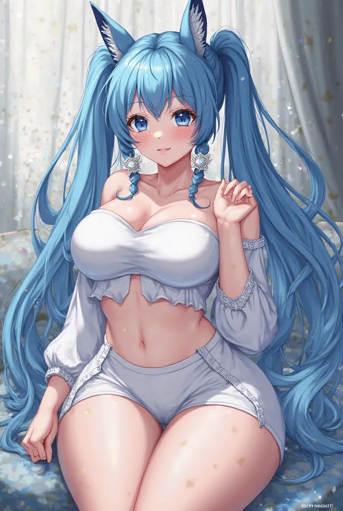 1girl, High Resolution, Accurate, Twintails, Long Hair, Blue Hair, Animal Ears, Earrings, Huge Breasts, Blue eyes, thick thighs, white mini skirt, white crop top, white high heels, fat, sexy, thick, 