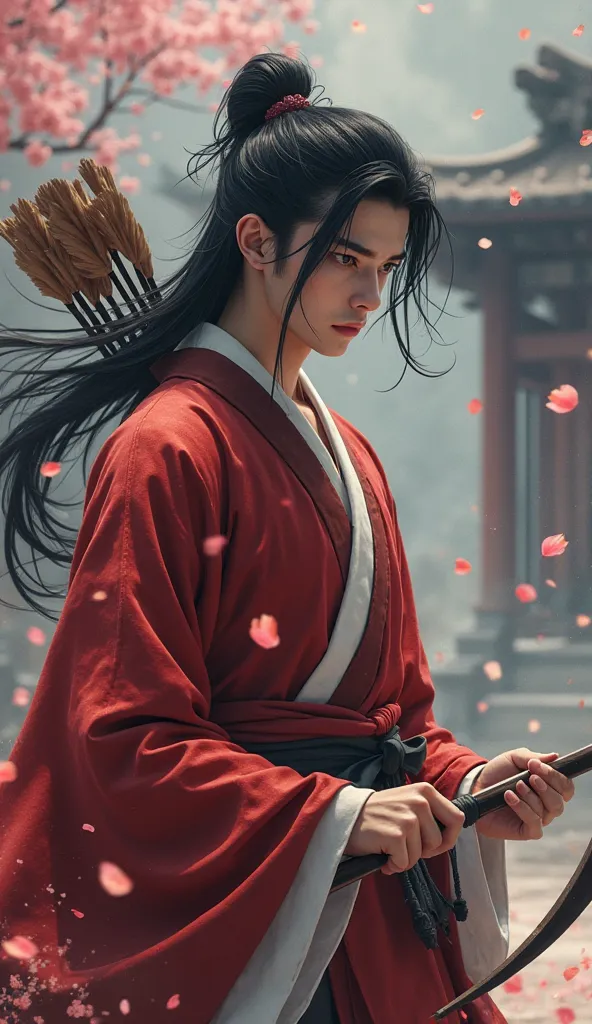 Kikyo (Male version)
"A handsome and enigmatic priest with long black hair tied in a low ponytail, with deep and melancholic eyes. His red and white kimono flows with the wind, while holding an ancient bow with a magic arrow ready to shoot. His face reflec...