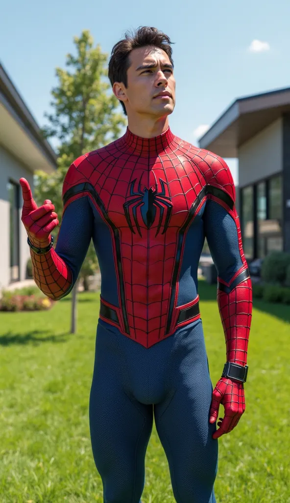 A highly detailed depiction of a superhero in a red and blue suit with web-like patterns, standing on a lush green lawn in a modern backyard. His body is slightly turned to the side, and his head is tilted as he looks just outside the camera frame, as if s...