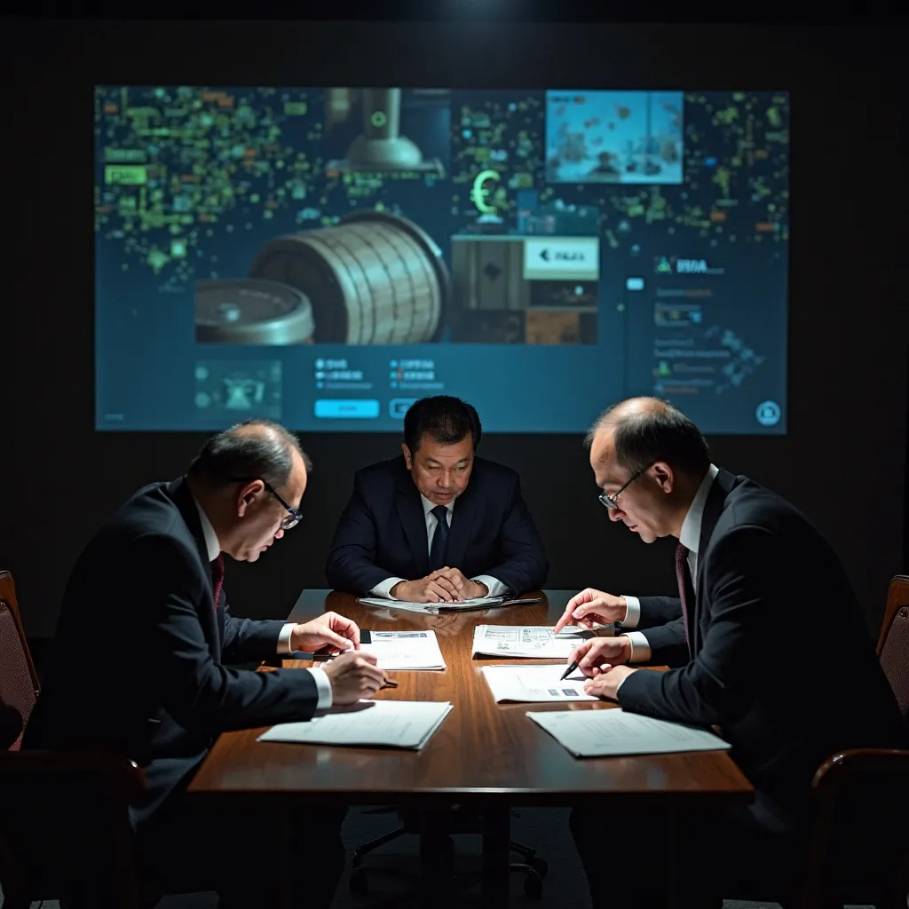 A dark meeting room, illuminated only by project light. Chinese and Russian diplomats are seated at the table, pointing to graphics and secret documents. In the background, There are screens showing barrels of oil and symbols of the yuan and the ruble.