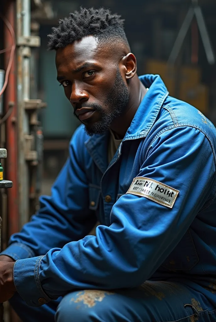 Picture of black african electrician aged 27 with reflector written " THE VOLT EXPERTS" at his back or chest area