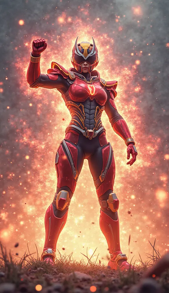 "A young female busty warrior stands in the center of a glowing battlefield, surrounded by swirling energy and sparks of light. As they raise their arm, a flash of brilliant colors engulfs their body—armor forming piece by piece, mechanical plates locking ...